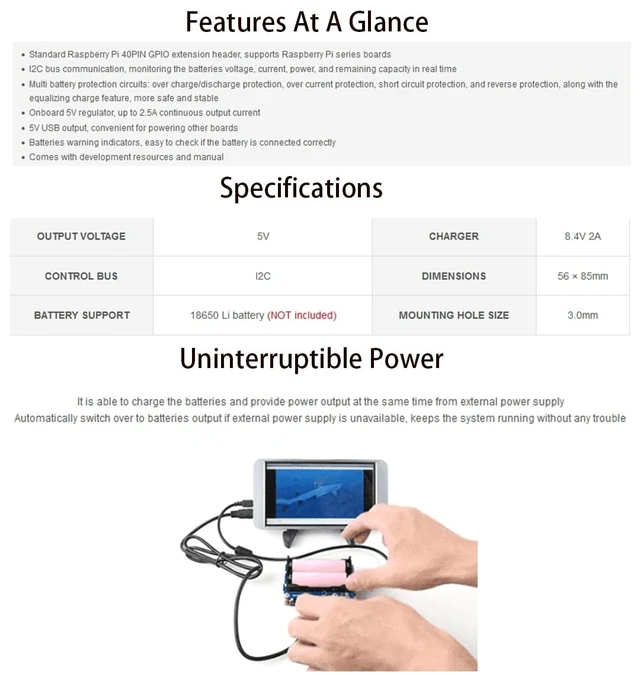 Alt view image 11 of 14 - Uninterruptible Power Supply UPS HAT for Raspberry Pi 4B/3B+/3B, Support Power Supply Charge and Power Output at The Same Time, Provides Power Supply via Pin Header, with 5V USB Output