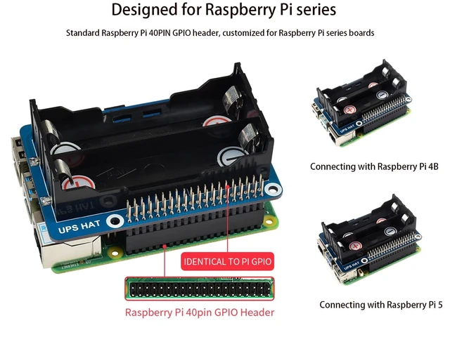 Alt view image 12 of 14 - Uninterruptible Power Supply UPS HAT for Raspberry Pi 4B/3B+/3B, Support Power Supply Charge and Power Output at The Same Time, Provides Power Supply via Pin Header, with 5V USB Output