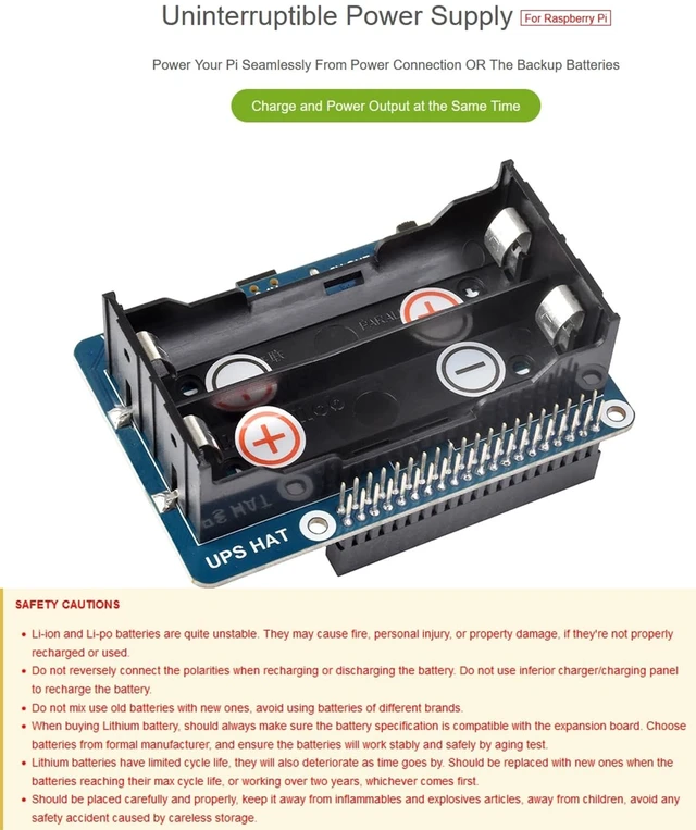 Alt view image 10 of 14 - Uninterruptible Power Supply UPS HAT for Raspberry Pi 4B/3B+/3B, Support Power Supply Charge and Power Output at The Same Time, Provides Power Supply via Pin Header, with 5V USB Output