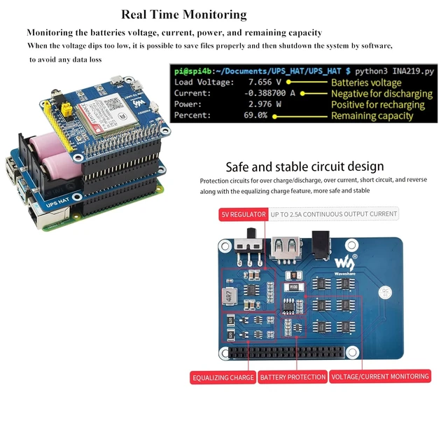 Alt view image 13 of 14 - Uninterruptible Power Supply UPS HAT for Raspberry Pi 4B/3B+/3B, Support Power Supply Charge and Power Output at The Same Time, Provides Power Supply via Pin Header, with 5V USB Output