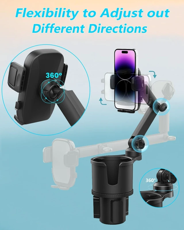Alt view image 10 of 14 - 2-in-1 Cup Phone Holder for Car, 360° Adjustable Car Phone Mount | Anti-Slip Phone Cup Holder Long Arm, Fits 2.54" Cup Slots, Stable Holds Phones & Large Bottles, Compatible iPhone 17/16 Pro