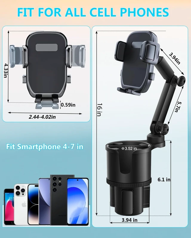Alt view image 12 of 14 - 2-in-1 Cup Phone Holder for Car, 360° Adjustable Car Phone Mount | Anti-Slip Phone Cup Holder Long Arm, Fits 2.54" Cup Slots, Stable Holds Phones & Large Bottles, Compatible iPhone 17/16 Pro