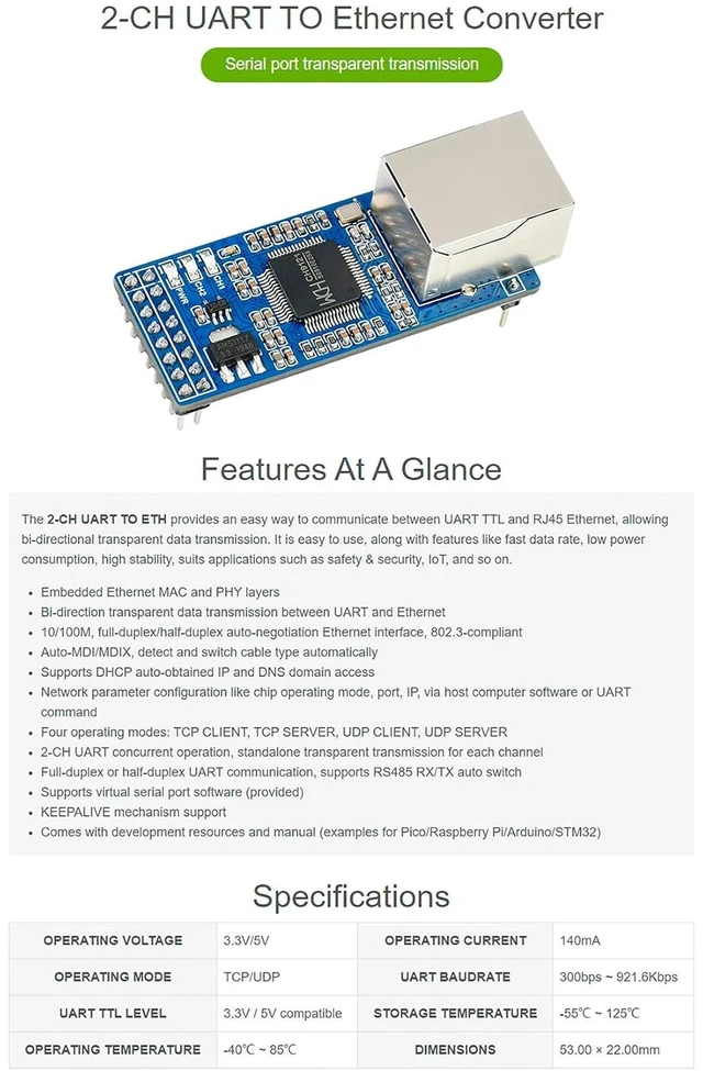 Alt view image 9 of 14 - 2-Channel UART to Ethernet Converter, Serial Port Transparent Transmission Module UART TTL and RJ45 Ethernet Bi-Directional Transmission, with Control Pin for Raspberry Pi/Arduino/STM32,ect.