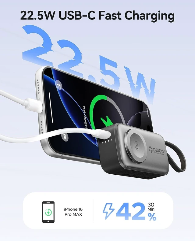 Alt view image 10 of 14 - 5000mAh Portable Charger with Built-in USB-C Cable, Mini Power Bank for Apple Watch, Fast Charge Battery Pack with Kickstand for iPhone 17/16, Apple Watch S11/S10 -S18-C