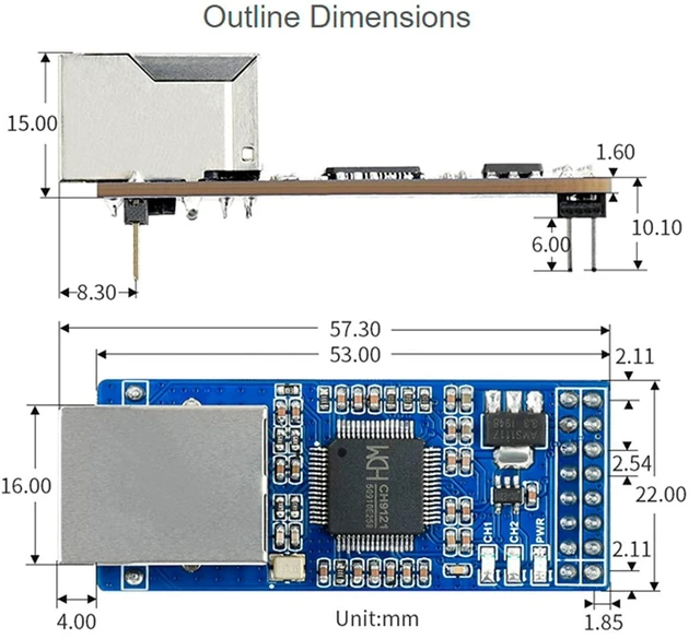 Alt view image 14 of 14 - 2-Channel UART to Ethernet Converter, Serial Port Transparent Transmission Module UART TTL and RJ45 Ethernet Bi-Directional Transmission, with Control Pin for Raspberry Pi/Arduino/STM32,ect.