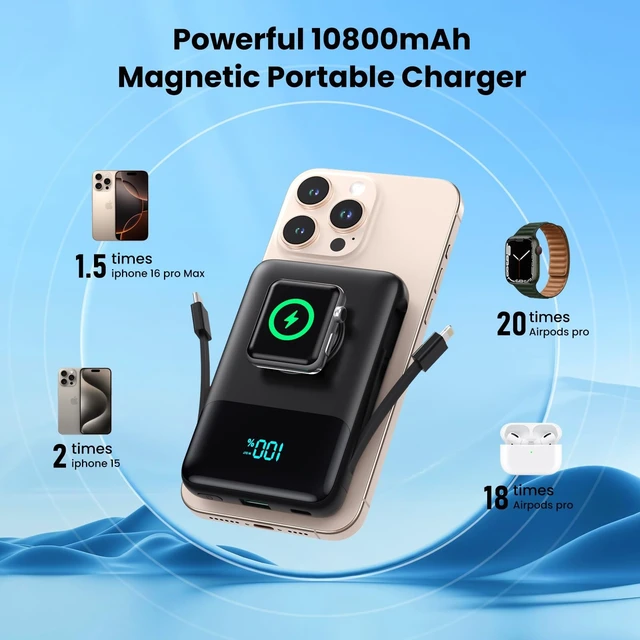 Alt view image 14 of 14 - Magnetic Portable Charger for iPhone with Built-in Cable,10800mAh Wireless Power Bank for Magsafe Travel Essential,6-in-1 25W PD Fast Charging USB C Battery Pack for iPhone 17/16/15/14/13, Apple Watch