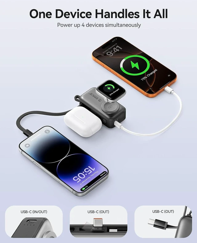 Alt view image 9 of 14 - 5000mAh Portable Charger with Built-in USB-C Cable, Mini Power Bank for Apple Watch, Fast Charge Battery Pack with Kickstand for iPhone 17/16, Apple Watch S11/S10 -S18-C