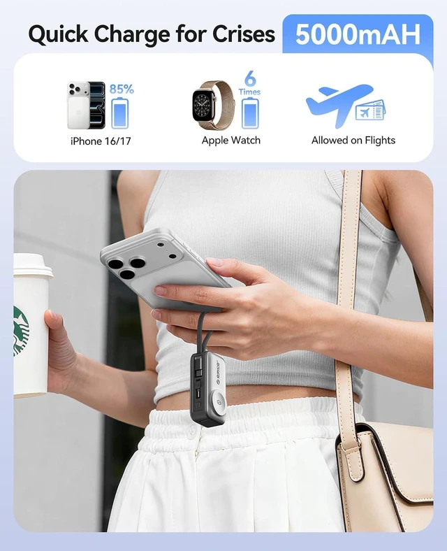 Alt view image 13 of 14 - 5000mAh Portable Charger with Built-in USB-C Cable, Mini Power Bank for Apple Watch, Fast Charge Battery Pack with Kickstand for iPhone 17/16, Apple Watch S11/S10 -S18-C