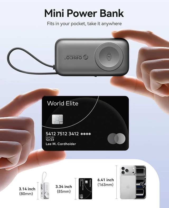 Alt view image 11 of 14 - 5000mAh Portable Charger with Built-in USB-C Cable, Mini Power Bank for Apple Watch, Fast Charge Battery Pack with Kickstand for iPhone 17/16, Apple Watch S11/S10 -S18-C
