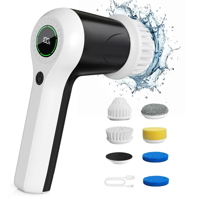 Alt view image 7 of 12 - Electric Spin Scrubber, Cordless Shower Scrubber | Battery Level Display, Dual Speed, 6 Replaceable Brush Heads, IPX7 Waterproof, Long Runtime, Tub, Tile & Sink Cleaning
