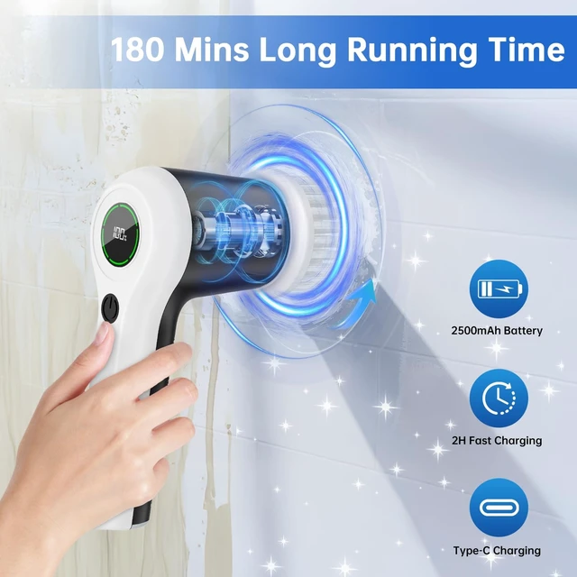 Alt view image 8 of 12 - Electric Spin Scrubber, Cordless Shower Scrubber | Battery Level Display, Dual Speed, 6 Replaceable Brush Heads, IPX7 Waterproof, Long Runtime, Tub, Tile & Sink Cleaning