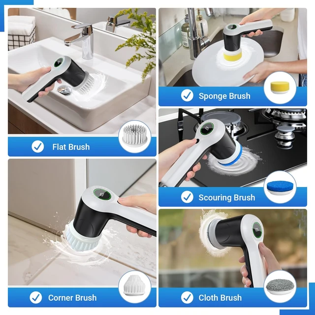 Alt view image 10 of 12 - Electric Spin Scrubber, Cordless Shower Scrubber | Battery Level Display, Dual Speed, 6 Replaceable Brush Heads, IPX7 Waterproof, Long Runtime, Tub, Tile & Sink Cleaning