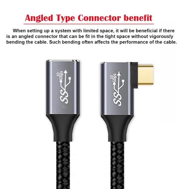 Alt view image 9 of 14 - USB-C USB 3.1 Type C Male to Female Extension Data Cable Left Right Angled 10Gbps 100W with Sleeve for Laptop 2M