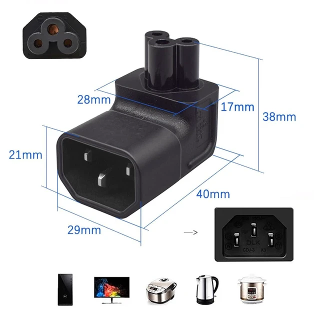Alt view image 10 of 14 - IEC60320 C14 Male to C5 Female 3Pole Power Extension Adapter AC Convertor Down Angled 90 Degree Connector