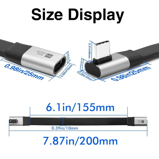 Alt view image 12 of 12 - 90 Degree USB C Extension Cable 7.87inch, 240W & 40Gbps & 8K@60Hz Flat Short USB C Right Angle Cable, USB 4 Extender Compatible for Thunderbolt 4 Laptop,Galaxy, Phone