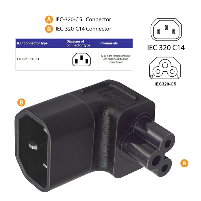 Alt view image 13 of 14 - IEC60320 C14 Male to C5 Female 3Pole Power Extension Adapter AC Convertor Down Angled 90 Degree Connector