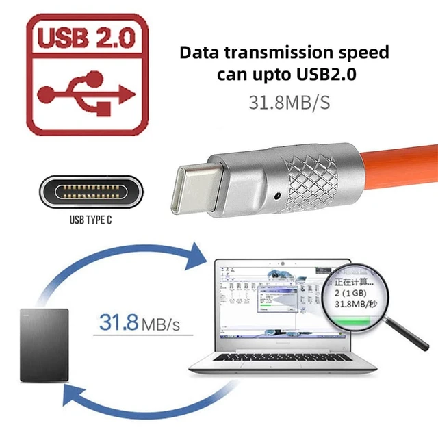Alt view image 11 of 14 - Type C USB-C to USB-C Liquid Silicone Ultra Soft 120W Power USB2.0 Data Orange Cable Fast Charge for Laptop Tablet Phone 2M
