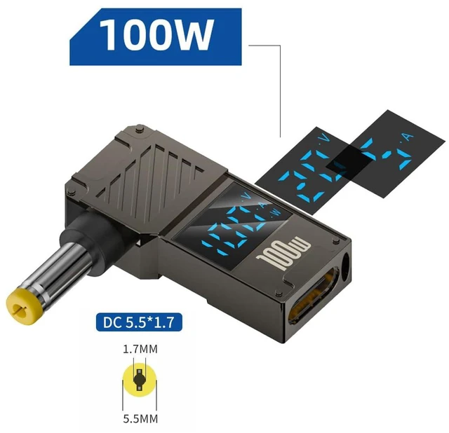 Alt view image 9 of 14 - Type-C Adapter USB Female Input to DC 5.5x1.7mm Male Plug Output with Smart LED Display Power 20V 5A PD Charge 100W 65W Adapter Compatible with Laptop