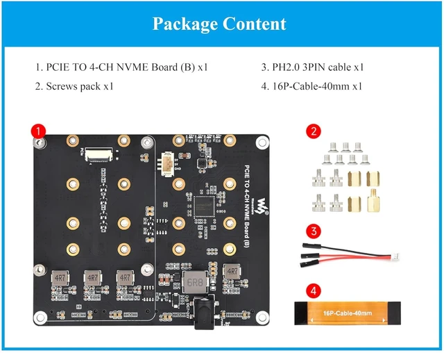 Alt view image 14 of 14 - PCIe to 4-CH M.2 M Key Adapter Board Compatible with Raspberry Pi 5, Support 4-CH NVMe Solid State Drives-2280/2260/2242/2230, Allow Powering Pi 5, Onboard LED Indicators, High-Speed Reading/Writing