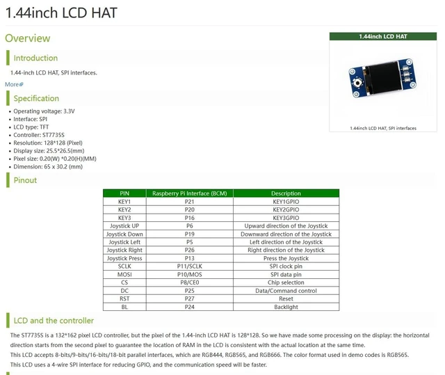 Alt view image 9 of 14 - 1.44inch LCD Display HAT Compatible with Raspberry Pi 5/ 4B/3B+/3B/2B/A+/Zero W/WH/Zero 2 W/Pico/Pico 2W, etc. RGB 65K Color 128 x128 Pixels, SPI Interface, with Embedded Controller