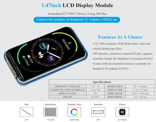 Alt view image 9 of 14 - 1.47inch LCD Display Module, Rounded Corners, 172x320 Resolution, 262K RGB Colors, SPI Interface, IPS Display Compatible with Raspberry Pi 5/ 4B/3B+/3B/2B/A+/Zero W/WH/Zero 2 W/ Pico/Pico 2W, etc.