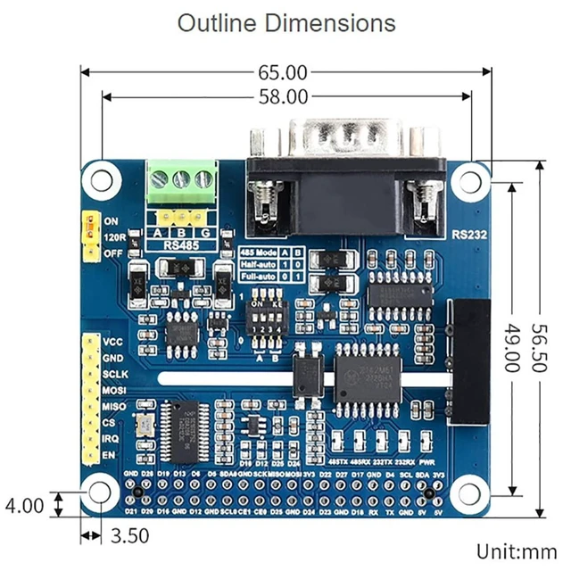 Alt view image 14 of 14 - Isolated RS485 RS232 Expansion HAT Board for Raspberry Pi 4B/3B+/3B/2B/Zero/Zero 2 W/Zero 2 WH,Adopt SC16IS752 UART Expansion Chip,SPI to RS485 and RS232 Up to 921600bps Data Rate