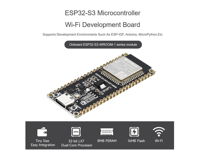 Alt view image 9 of 14 - ESP32-S3 Wi-Fi Development Board with ESP32-S3-WROOM-1 Series Module, 240MHz Dual Core Processor, 512KB SRAM, 8MB PSRAM, 16MB Flash, Type-C Connector