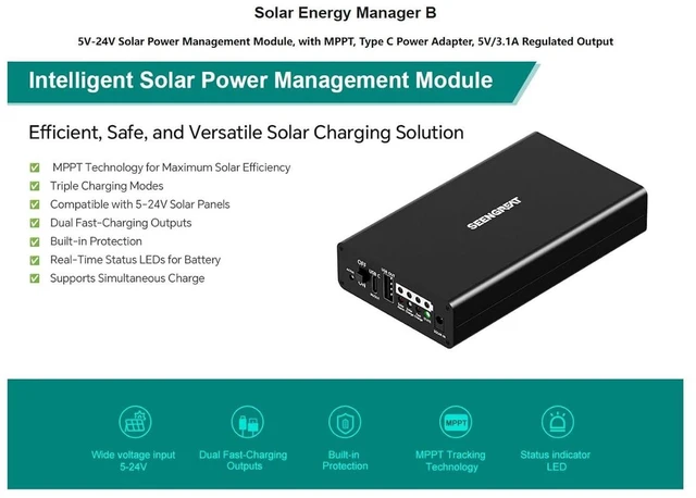 Alt view image 10 of 14 - Solar Power Controller with MPPT, 5V/3.1A USB Type-C & USB-A Output, Dual Power Input Energy Management Module for IoT, Environmental Monitoring, and Green Energy Projects