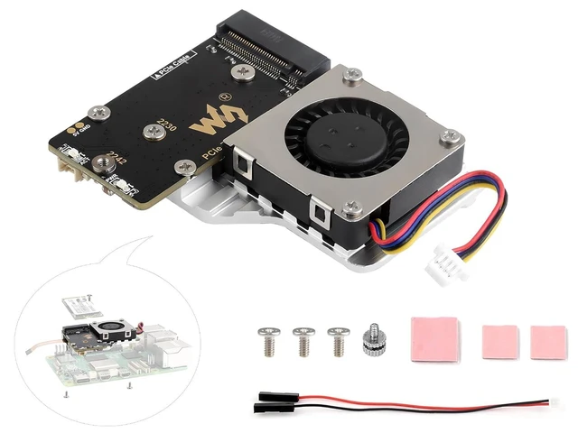 Alt view image 8 of 14 - Pi5 PCIe to M.2 Adapter Board with Cooling Fan for Raspberry Pi 5, Pi 5 NVMe HAT with Cooling Fan, Aluminium Heatsink All-in-One Design, 8Gbps Data Rate,Support M.2 NVMe SSD 2242/2230 Size
