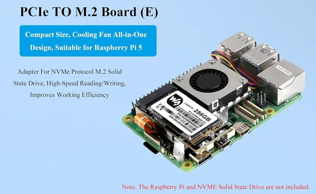 Alt view image 9 of 14 - Pi5 PCIe to M.2 Adapter Board with Cooling Fan for Raspberry Pi 5, Pi 5 NVMe HAT with Cooling Fan, Aluminium Heatsink All-in-One Design, 8Gbps Data Rate,Support M.2 NVMe SSD 2242/2230 Size