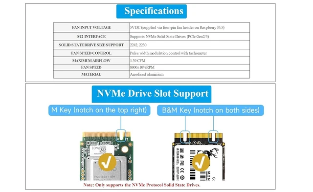 Alt view image 10 of 14 - Pi5 PCIe to M.2 Adapter Board with Cooling Fan for Raspberry Pi 5, Pi 5 NVMe HAT with Cooling Fan, Aluminium Heatsink All-in-One Design, 8Gbps Data Rate,Support M.2 NVMe SSD 2242/2230 Size