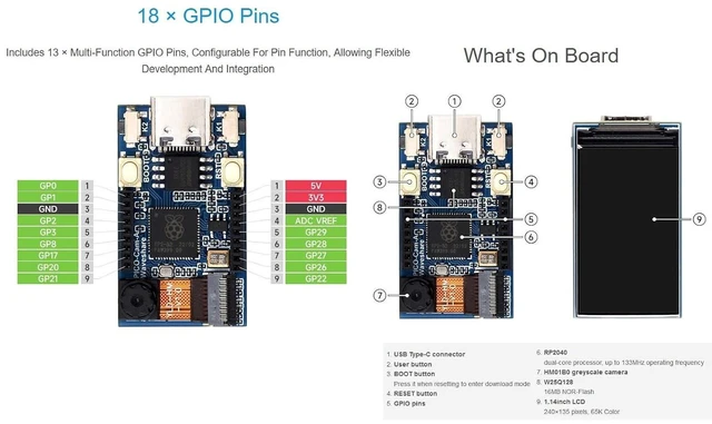Alt view image 10 of 12 - RP2040 Camera MCU Board Based on Raspberry Pi RP2040 Microcontroller, RP2040 Camera Dev Board Onboard HM01B0 Grayscale Camera and 1.14inch IPS LCD Display, Type-C Connector