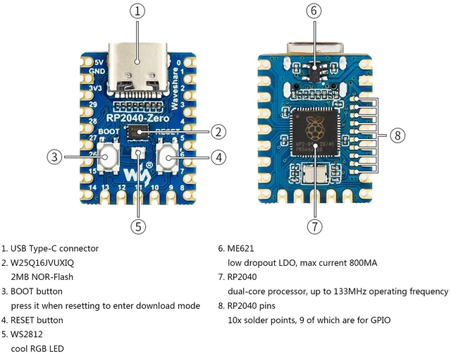 Alt view image 11 of 14 - 3PCS RP2040-Zero Mini Board, Pico-Like MCU Board Based on Raspberry Pi MCU RP2040, Dual-Core Arm Cortex M0+ Processor, Onboard 2MB Flash Memory, Type-C USB Connector, Support C/C++MicroPython