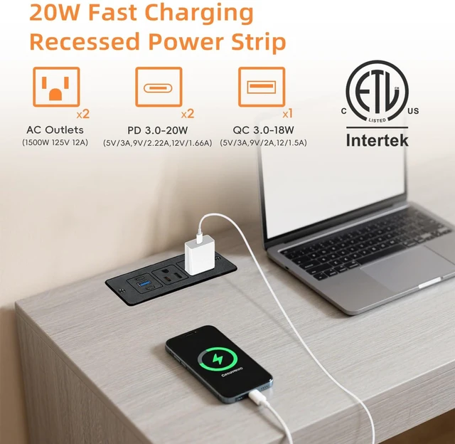 Alt view image 10 of 14 - Recessed Power Strip, 20W USB-C Furniture Outlet, Black, 6FT 2 AC + 3 USB (2 USB-C, 1 USB-A), Flush Mount, Space-Saving, Easy Install, For Desk, Bedside, Drawer, Conference Table