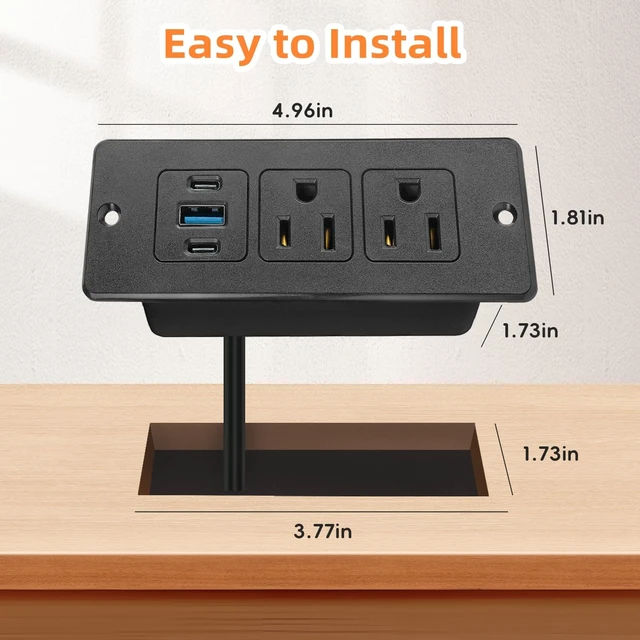 Alt view image 9 of 14 - Recessed Power Strip, 20W USB-C Furniture Outlet, Black, 6FT 2 AC + 3 USB (2 USB-C, 1 USB-A), Flush Mount, Space-Saving, Easy Install, For Desk, Bedside, Drawer, Conference Table