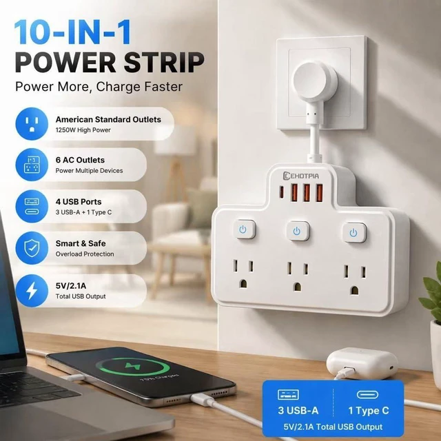 Alt view image 8 of 12 - Short Extension Cord,Power Strip 6 Widely Outlets with 4 USB Ports.(White) | Wall Mount Small Power Strip for Travel, Home Office College Dorm Essentials (3 USB A,1 USB C)