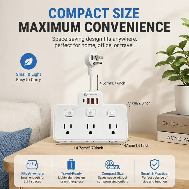 Alt view image 9 of 12 - Short Extension Cord,Power Strip 6 Widely Outlets with 4 USB Ports.(White) | Wall Mount Small Power Strip for Travel, Home Office College Dorm Essentials (3 USB A,1 USB C)