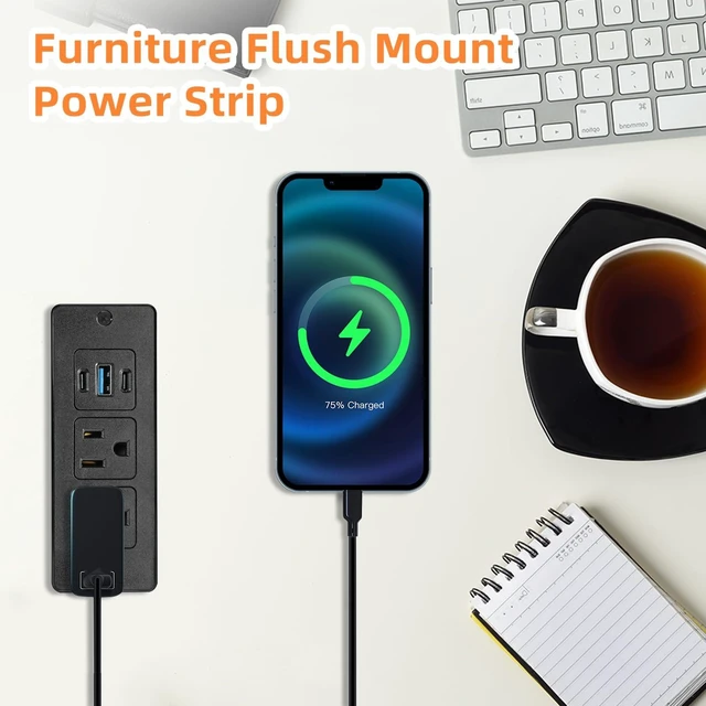 Alt view image 11 of 14 - Recessed Power Strip, 20W USB-C Furniture Outlet, Black, 6FT 2 AC + 3 USB (2 USB-C, 1 USB-A), Flush Mount, Space-Saving, Easy Install, For Desk, Bedside, Drawer, Conference Table
