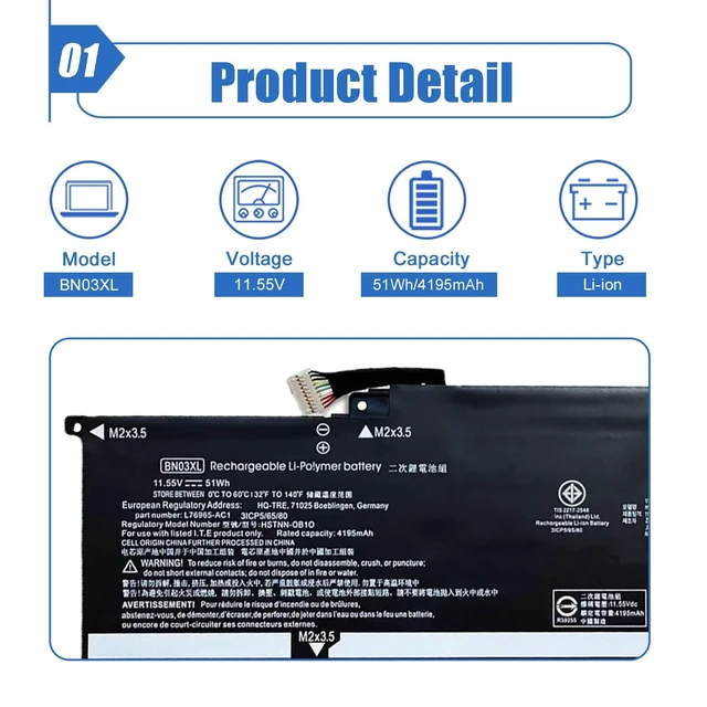 Alt view image 8 of 12 - BN03XL Laptop Battery Replacement for HP Envy x360 15-ED 15-EE 15-ES 15M-ED 15M-EE 15T-ED 15T-ES 13-AY 13-BA 13-BD Series 11.55V 4195mAh 51Wh Compatible with HSTNN-DB9N L79695-271 HSTNN-OB1O