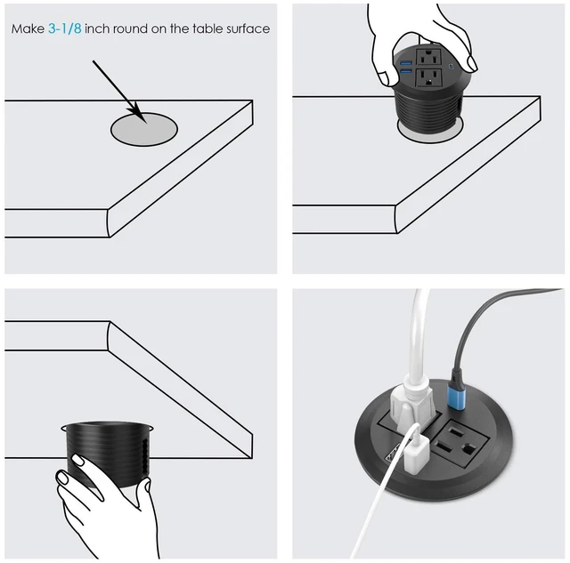 Alt view image 12 of 12 - Recessed Power Grommet with AC Outlets, 20W USB-C,Flush-Mount,Black 3inch Hole Flush-Mount for Desktop,Workspace Essential Desk Outlet,ETL Listed