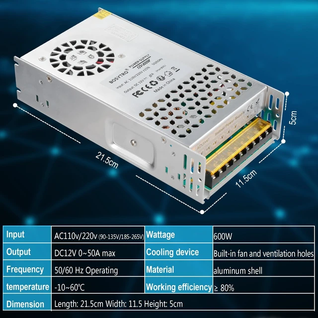 Alt view image 9 of 14 - 12V 50A 600W DC Switching Power Supply, Universal Regulated Switching AC110V/220V (SMPS), 12 Volt Power Supply for LED Strip Light, CCTV Camera Security System,Computer Project