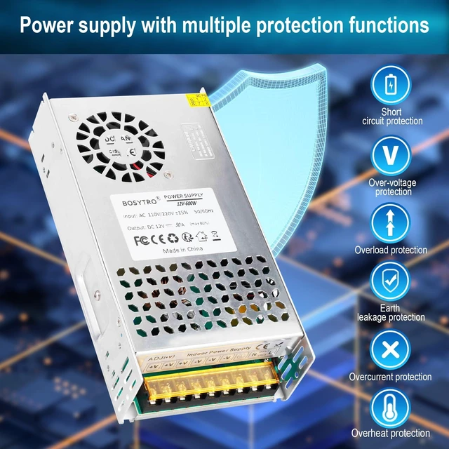 Alt view image 13 of 14 - 12V 50A 600W DC Switching Power Supply, Universal Regulated Switching AC110V/220V (SMPS), 12 Volt Power Supply for LED Strip Light, CCTV Camera Security System,Computer Project