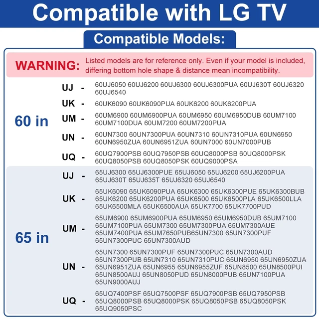 Alt view image 9 of 14 - TV Stand Legs for LG TV Legs 60 65 in 65UQ7950 65UJ6300 65UJ6320 65UJ6540 65UK6200 65UK6500 65UK6500PLA 65UM7300 65UN7300 60UJ6200 60UJ6300 60UK6200 60UM6950 60UN7300 for LG Television Stand wr Screw