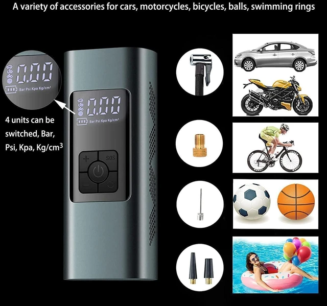 Alt view image 6 of 7 - Portable Tire Inflator Air Compressor 12 Volt Rechargeable Electric Air Pump 6000mA Battery 140PSI Digital Pressure Gauge Auto-Stop Power Bank SOS Indicator for Car Bike Balls