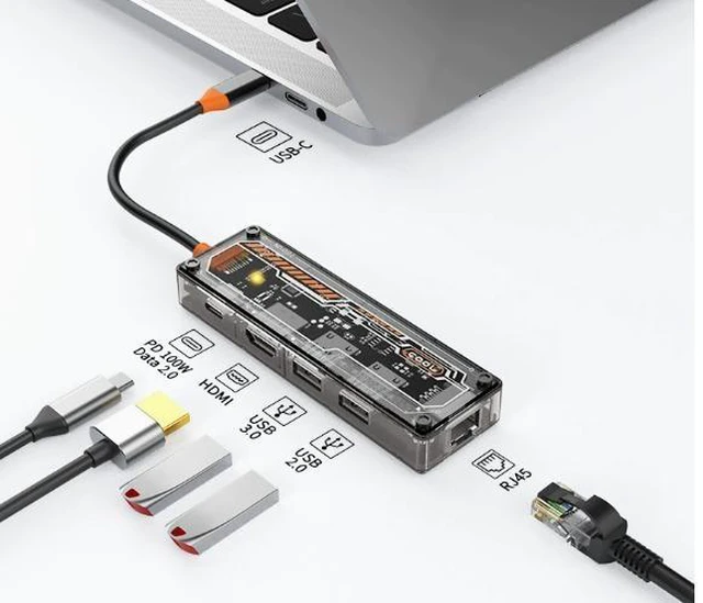Alt view image 2 of 2 - SOEWIOU Transparent 10-in-1 Type-C Docking Station, USB Hub, Multi-Port Computer Converter, Universal for Laptop, Desktop PC & Tablet