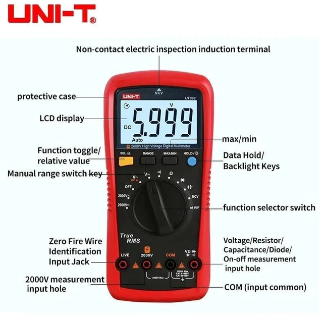 Alt view image 10 of 14 - Multimeter clamp Meter UT892 2000V High Voltage Digital Multimeter for Mine AC DC Voltmeter True RMS Capacitor Tester Frequency Meter(UT892)