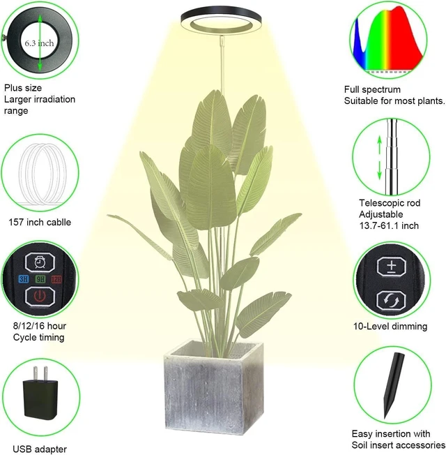 Alt view image 9 of 14 - SOEWIOU Ring Retractable Plant Grow Light, USB Powered, 7.87in 160mm Full Spectrum, Timer Function, for Large Potted Plants