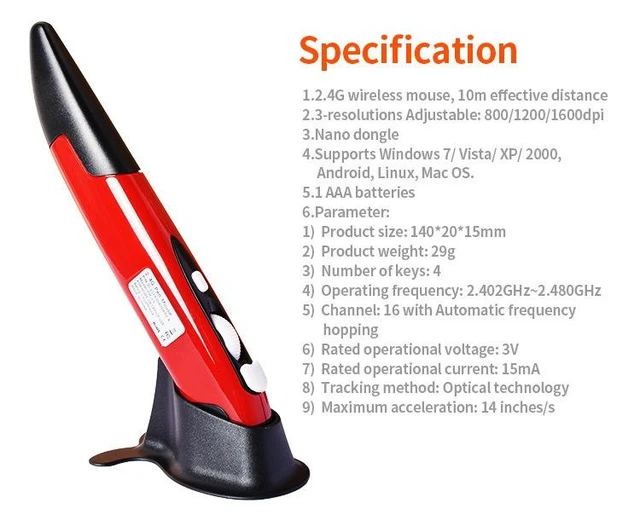 Alt view image 8 of 10 - SOEWIOU Red 2.4G Wireless Pen Mouse, Creative Vertical Pen-Shaped Mouse, Ergonomic Handwriting Stylus Mouse, Portable Office Gift for PC Laptop