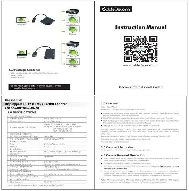 Alt view image 14 of 14 - Multi-Function Displayport Dp to HDMI/DVI/VGA Male to Female 3-in-1 Adapter Converter Cable