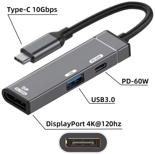 Alt view image 9 of 14 - Type-C to Displayport 4K@120hz & USB 3.0 OTG & Charger USB-C to Standard DP Converter Monitor Multiport Adapter with Female PD 60W Power Port
